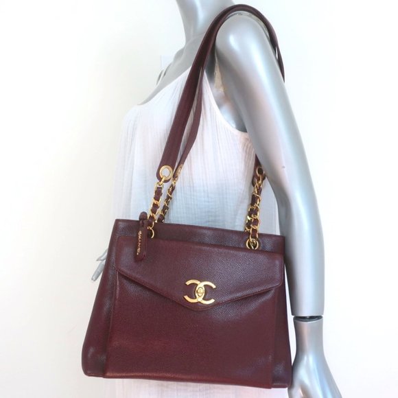 CHANEL Handbags - VINTAGE CHANEL 1990S CC FRONT POCKET TOTE BORDEAUX CAVIAR LEATHER SHOULDER BAG
